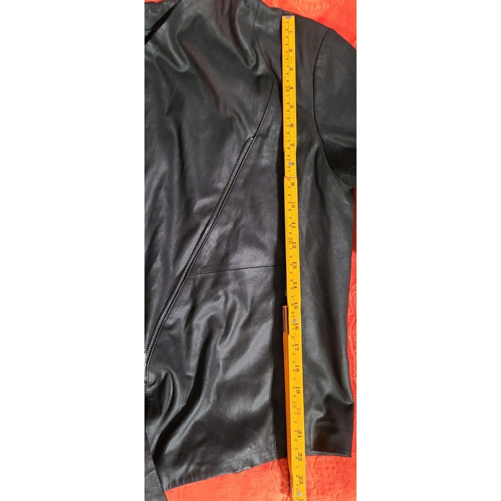BB Dakota Black Asymmetrical Drape‎ Front Genuine Leather Jacket Womens Medium - Picture 10 of 11